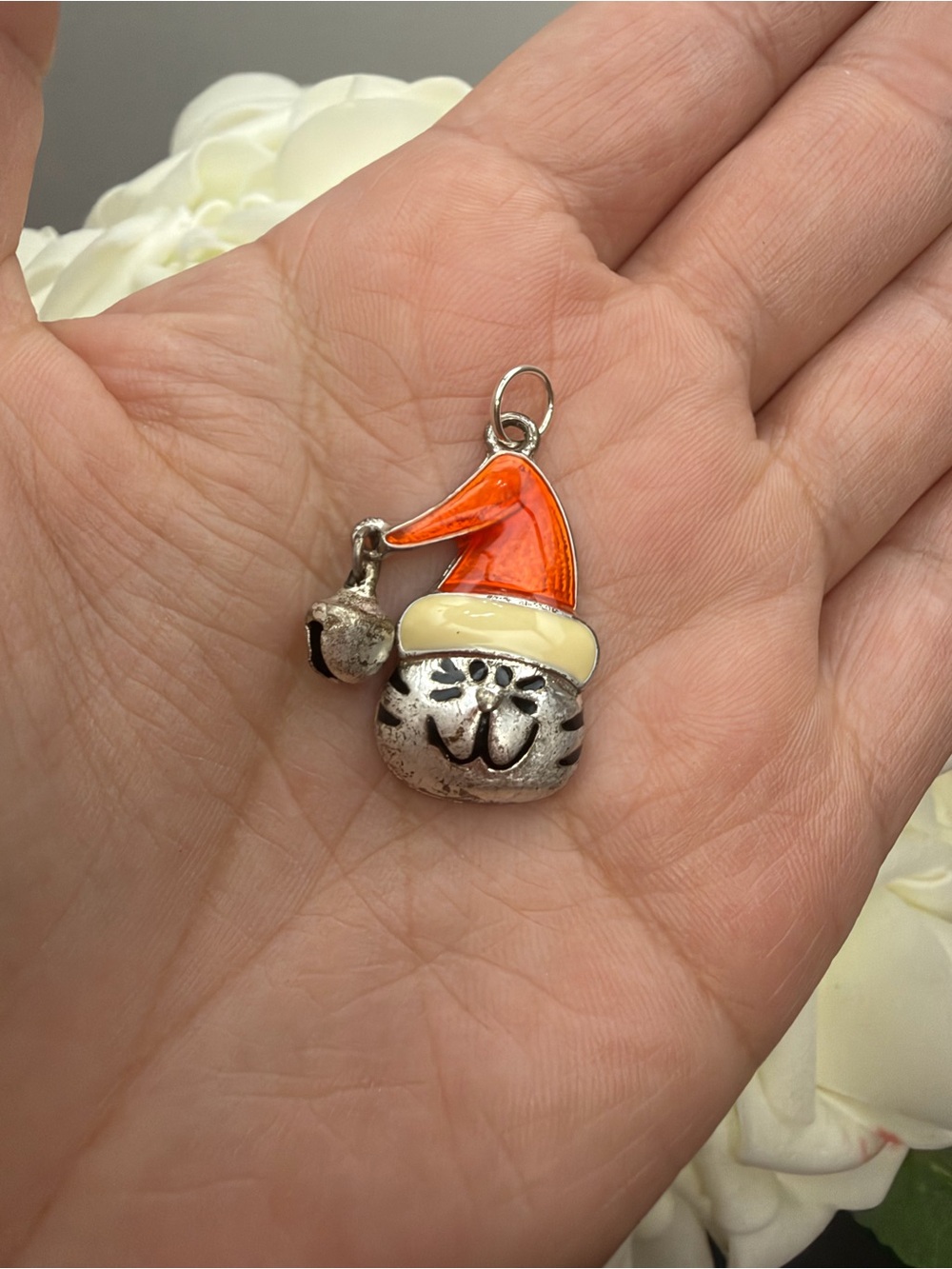 Silver tone Cat Charm Pendant with Orange and Cream Santa Hat